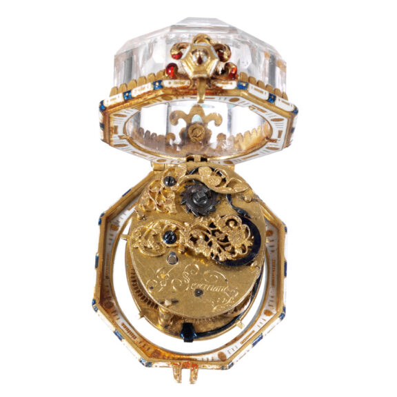 Swiss gold, champlevé and rock crystal verge Circa 1630 Swiss gold, champlevé and rock crystal verge Circa 1630