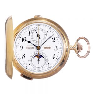 Large Swiss gold hunting cased complicated watch Circa 1905