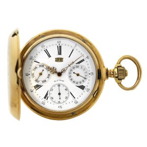 Swiss gold hunting cased triple date calendar lever Circa 1887