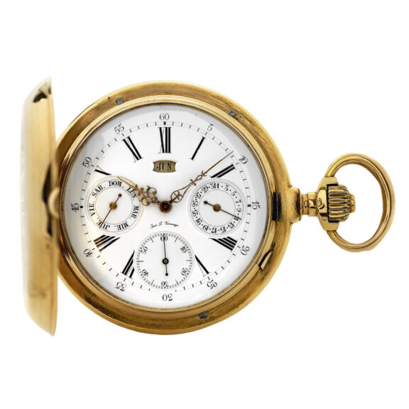 Swiss gold hunting cased triple date calendar lever Circa 1887