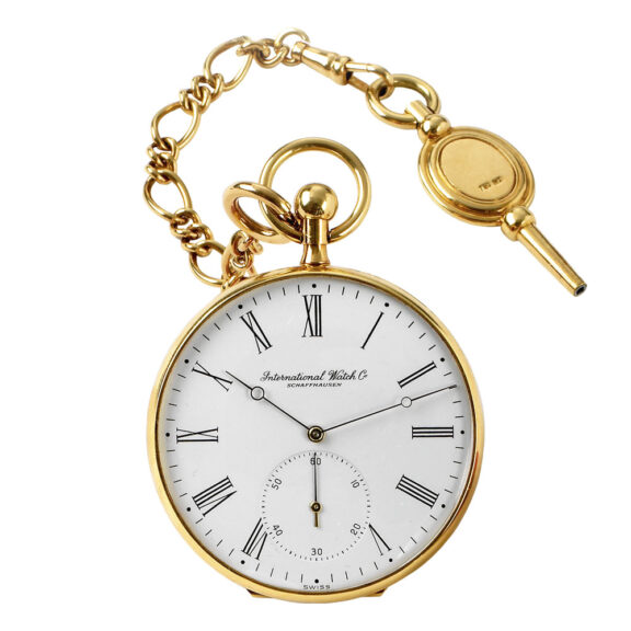 Swiss gold lever watch with chain, key and pouch Circa 1975