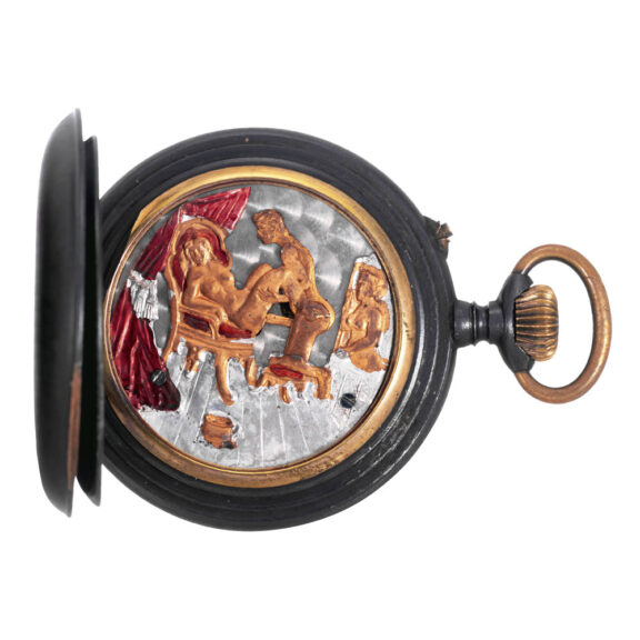 Swiss gunmetal lever watch with erotic automaton Circa 1900
