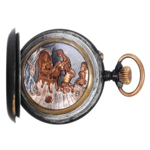 Swiss gunmetal lever watch with erotic automaton Circa 1900
