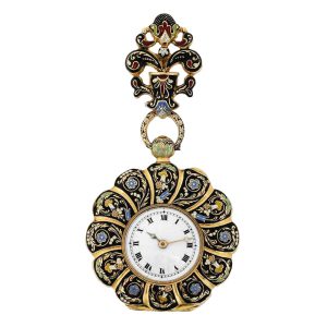 Swiss gold and enamel lapel watch with brooch Circa 1885