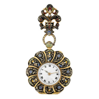 Swiss gold and enamel lapel watch with brooch Circa 1885