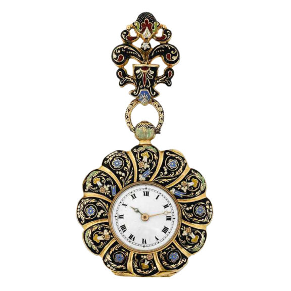 Swiss gold and enamel lapel watch with brooch Circa 1885
