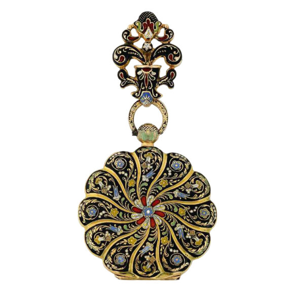 Swiss gold and enamel lapel watch with brooch Circa 1885 Swiss gold and enamel lapel watch with brooch Circa 1885