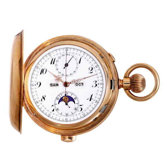 Swiss rose gold hunting cased complicated lever Circa 1910