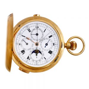 Swiss 18k gold hunting cased complicated lever Circa 1912