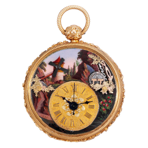 Swiss gold center-seconds cylinder with automaton Circa 1830