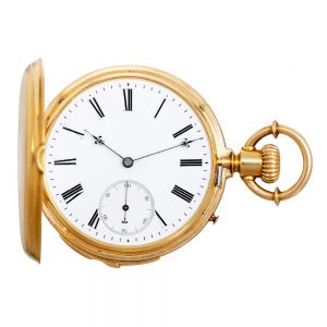 Swiss gold hunting cased quarter repeating lever Circa 1885