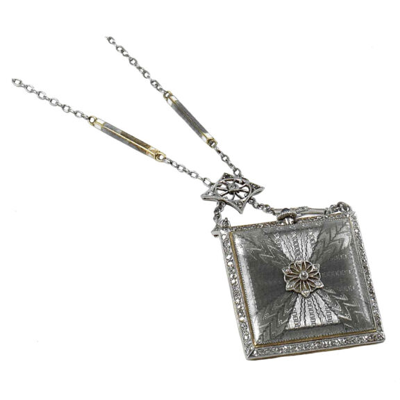 Swiss gold, enamel, diamond-set square pendant Circa 1910