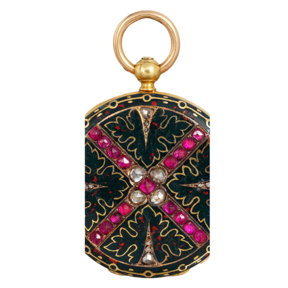 French gold, enamel, ruby and diamond set cylinder Circa 1860 French gold, enamel, ruby and diamond set cylinder Circa 1860
