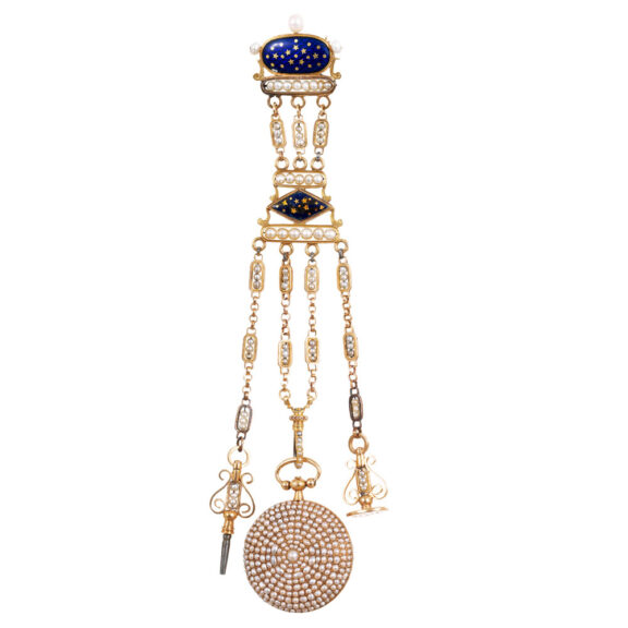 Swiss gold and pearl-set verge with chatelaine Circa 1810