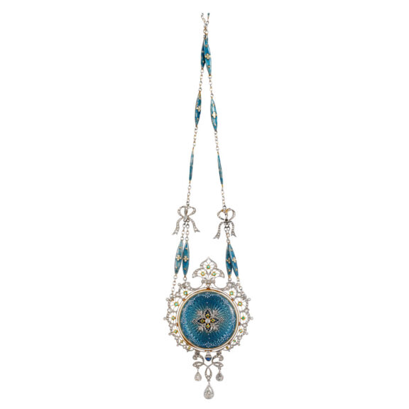 Elegant Swiss pendant watch with matching chain Circa 1908