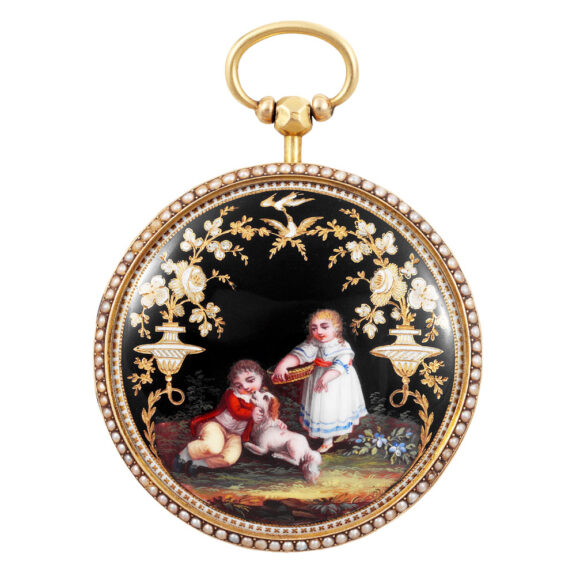 Swiss 18K gold, enamel and pearl-set verge watch Circa 1800