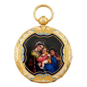 Swiss 18K gold and enamel cabriolet pendant watch Circa 1850