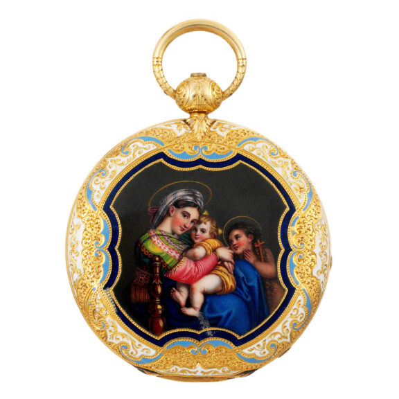 Swiss 18K gold and enamel cabriolet pendant watch Circa 1850