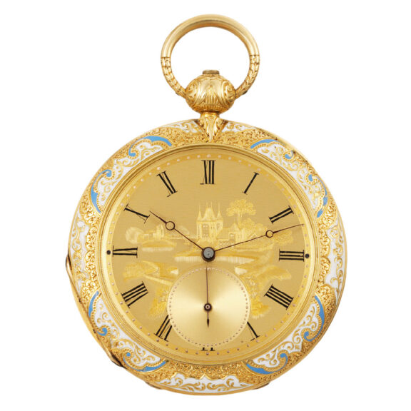 Swiss 18K gold and enamel cabriolet pendant watch Circa 1850 Swiss 18K gold and enamel cabriolet pendant watch Circa 1850