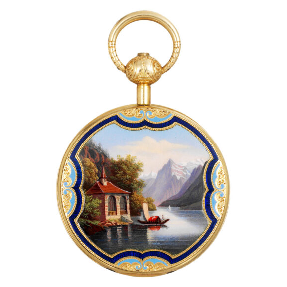 Swiss 18K gold and enamel cabriolet pendant watch Circa 1850 Swiss 18K gold and enamel cabriolet pendant watch Circa 1850