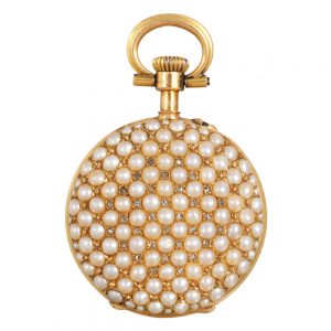 Swiss gold, pearl-set keyless lever pendant watch Circa 1900