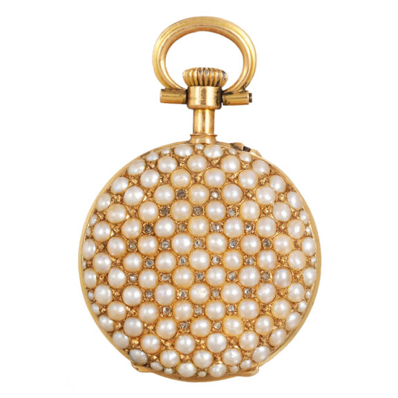 Swiss gold, pearl-set keyless lever pendant watch Circa 1900