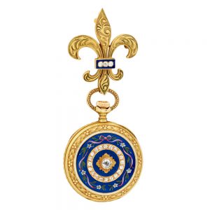 Swiss gold, enamel, diamond-set lever with pendant Circa 1900