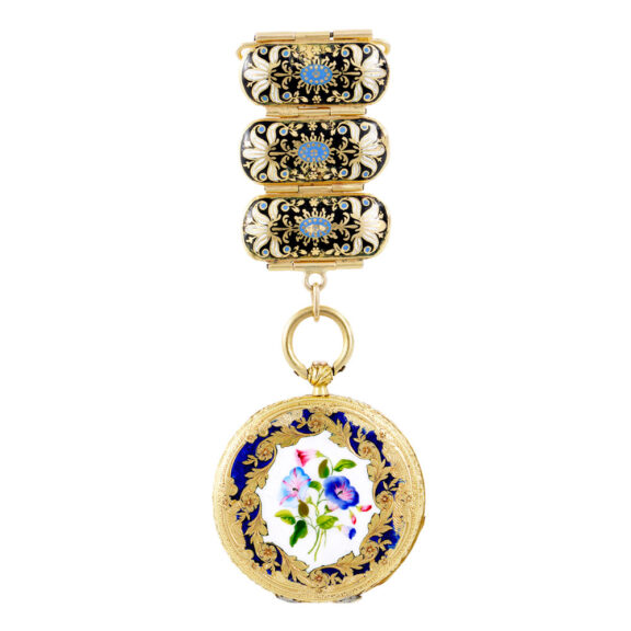Swiss gold and enamel cylinder pendant watch with fob Circa 1850