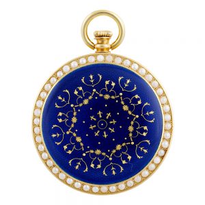Swiss gold, enamel and pearl-set lever pocket watch Circa 1975