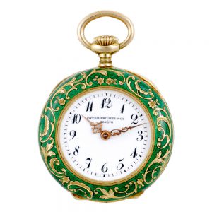 Swiss gold, enamel and diamond-set lever with long chain Circa 1895