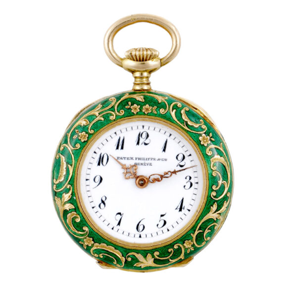 Swiss gold, enamel and diamond-set lever with long chain Circa 1895