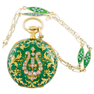 Swiss gold, enamel and diamond-set lever with long chain Circa 1895