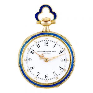 Swiss gold, enamel and diamond-set lever with long chain Circa 1912
