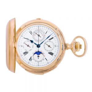 Swiss rose gold hunting cased complicated lever watch Circa 1895