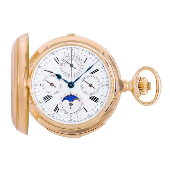 Swiss rose gold hunting cased complicated lever watch Circa 1895