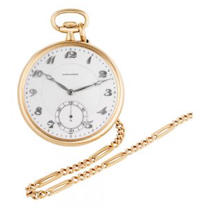 Swiss 14K gold dress watch with 18K gold long chain Circa 1925