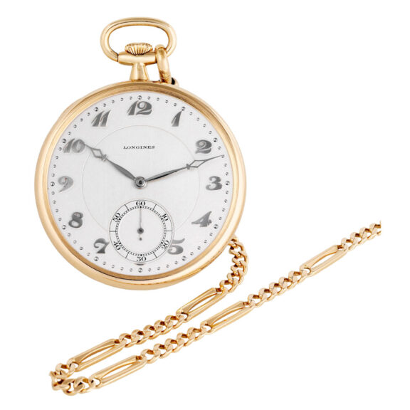 Swiss 14K gold dress watch with 18K gold long chain Circa 1925