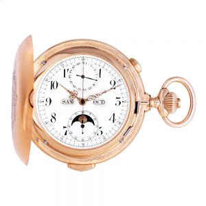 Swiss chronograph with triple date calendar and moon phases Circa 1900