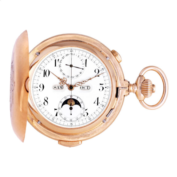 Swiss chronograph with triple date calendar and moon phases Circa 1900 Swiss chronograph with triple date calendar and moon phases Circa 1900