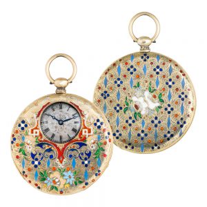 Extra flat Swiss 18 Carat gold and enamel cylinder watch Circa 1840
