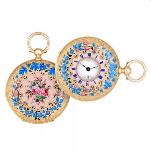 Swiss gold and enamel half hunting cased lever watch Circa 1890