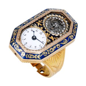Swiss ring watch with visible, diamond-set balance Circa 1820
