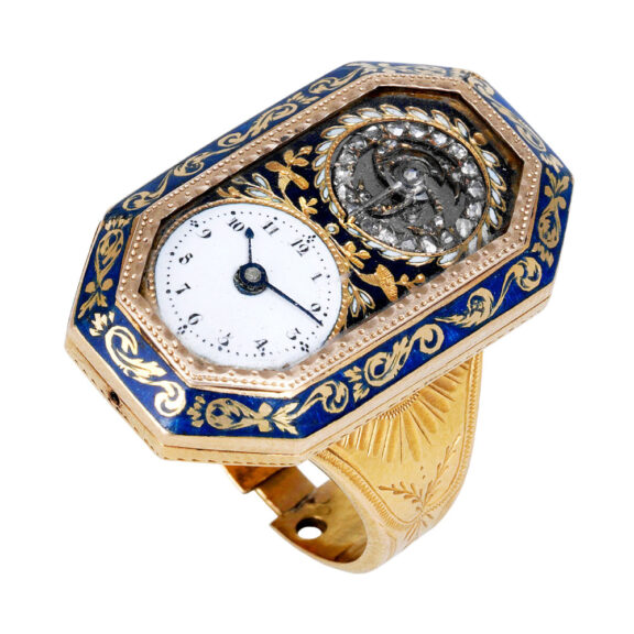 Swiss ring watch with visible, diamond-set balance Circa 1820