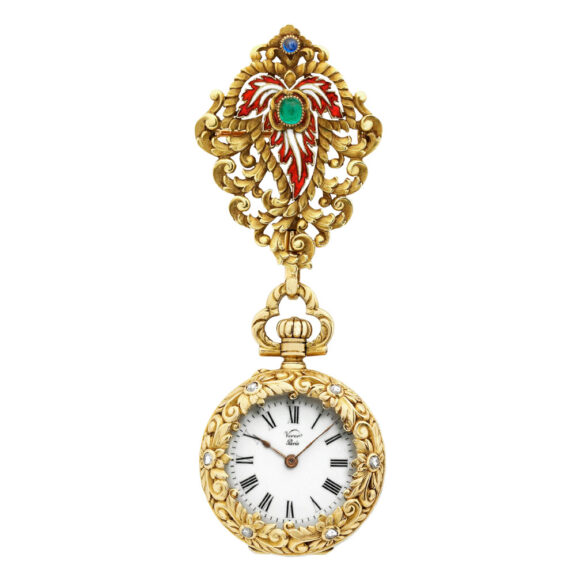French gold, enamel, diamond and emerald-set fob watch Circa 1900 French gold, enamel, diamond and emerald-set fob watch Circa 1900
