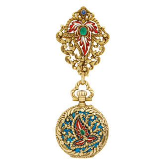 French gold enamel diamond and emerald set fob watch Circa 1900