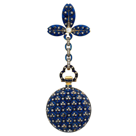 French gold, enamel and diamond-set fob watch with bow Circa 1900