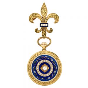 Swiss gold, enamel and diamond-set fob watch with brooch Circa 1900