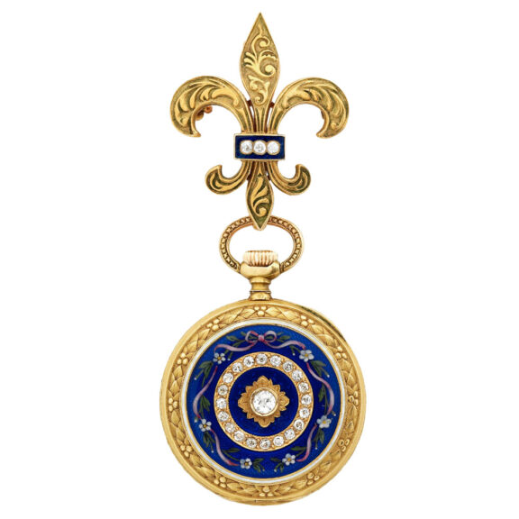 Swiss gold, enamel and diamond-set fob watch with brooch Circa 1900