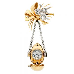 Swiss gold lever fob watch with chain and brooch Circa 1910