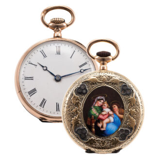 Swiss 14 carat gold and enamel miniature pocket watch Circa 1895 Swiss 14 carat gold and enamel miniature pocket watch Circa 1895